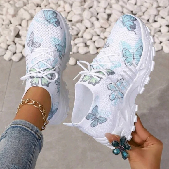 Shoes - Women's Butterfly Pattern Mesh Sneakers, Color Block Low Top Lace-Up Casual